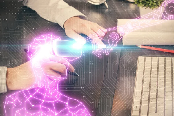 Double Exposure Man Hands Holding Using Digital Device Glasses Drawing — Stock Photo, Image
