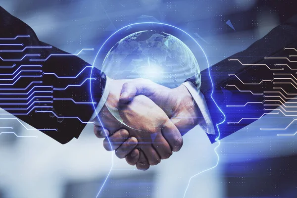 两名男子的大脑全息图和握手双重曝光 信息技术行业的伙伴关系概念 — 图库照片