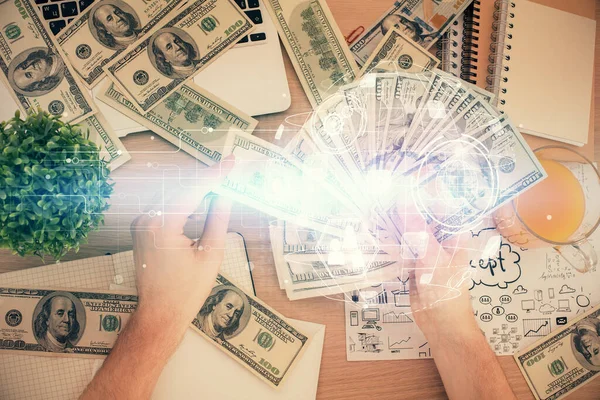 Multi exposure of social network theme drawing hologram and USA dollars bills and man hands. — Stock Photo, Image