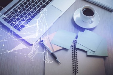 Tema çizimini masaüstü arkaplanındaki bilgisayardan başlat. Üst Manzara. Çifte maruziyet. Beyin fırtınası konsepti.