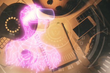 AR gözlükleri çizimi ve çalışma masası örtüsü. Sanal gerçeklik kavramı.