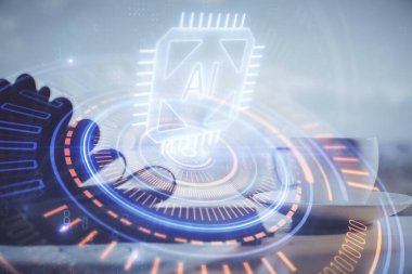 Teknoloji temalı çizimlere ve masaüstüne kahve ve masa arkasında eşyalar ile çifte pozlama. Veri araştırması kavramı.