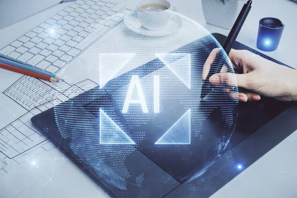 Teknolojiye çifte maruz kalma, hologram çizimi ve cep telefonu kullanan bir kadın. Ai kavramı