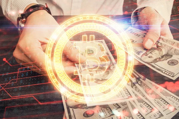 Hologram, Amerikan dolarları ve erkek eli gibi çok sayıda engelleme temasına maruz kalma. İş konsepti.