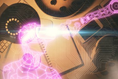 AR gözlükleri çizimi ve çalışma masası örtüsü. Sanal gerçeklik kavramı.