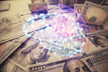 Beynimizin dolar banknotlarının arka planına iki kez çekilmesi. Teknoloji konsepti.