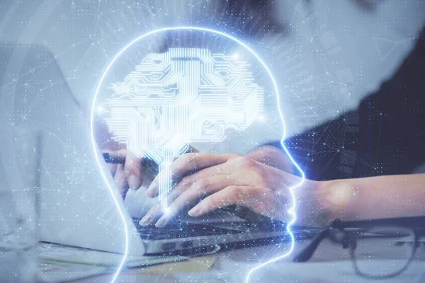 Bilgisayar Beyin Hologramı Çizimleri Üzerinde Çalışan Çok Sayıda Kadın Eli — Stok fotoğraf