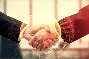 İki kişinin sosyal ağ temalı hologramı ve el sıkışması.