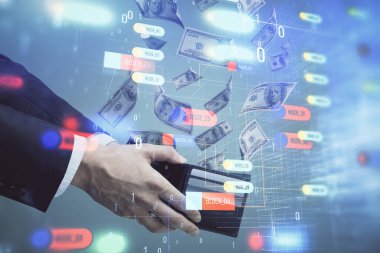 Teknolojiye çoklu maruz kalma hologram, dolar banknotları ve insan eli. Veri kavramı