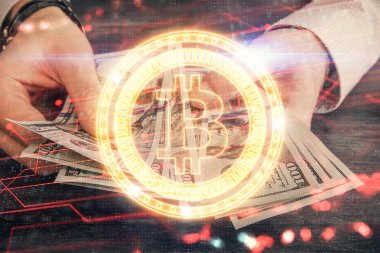 Hologram, Amerikan dolarları ve erkek eli gibi çok sayıda engelleme temasına maruz kalma. İş konsepti.