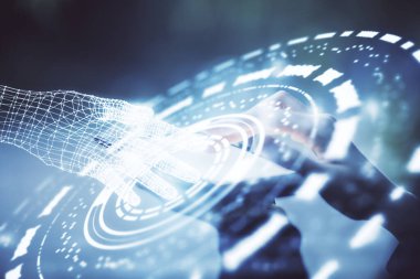 Teknolojiye çifte maruz kalma, hologram çizimi ve cep telefonu kullanan bir kadın. Ai kavramı