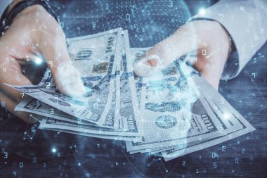Beynin holograma maruz kalması, bize dolar banknotları ve insan eli çizmesi. Ai yatırım konsepti