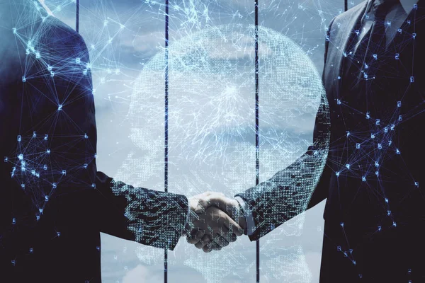 Doppelbelichtung Des Gehirn Hologramms Und Handschlag Zweier Männer Partnerschaft Branchenkonzept — Stockfoto