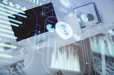 Veri teması çizimi ve ofis içi arka planına çoklu maruz kalma. Teknoloji kavramı.