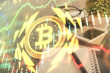 Blockchain temalı çizim ve cep telefonu arkaplanının çifte pozu. Şifreleme pazarı kavramı