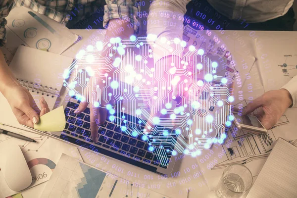 Dupla Exposição Homem Mulher Trabalhando Juntos Desenho Holograma Cérebro Humano — Fotografia de Stock