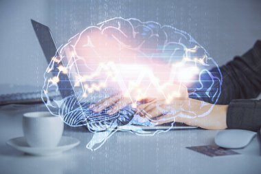 Bilgisayar ve insan beyin hologramı çizimleri üzerinde çalışan kadın ellerine çok maruz kaldı. Ai teknoloji konsepti.