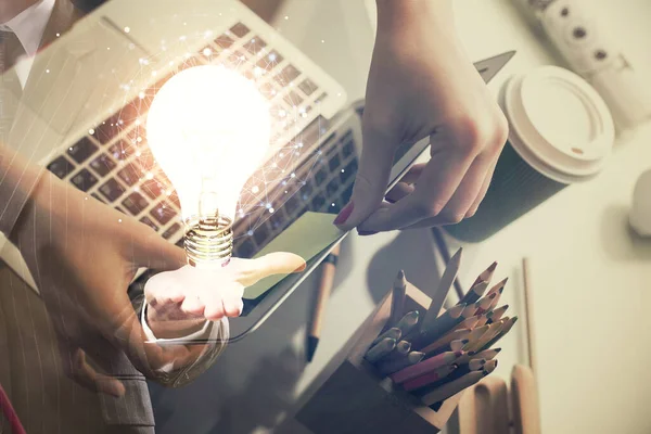 Double Exposure Woman Hands Typing Computer Light Bulb Drawing Idea — Stock Photo, Image