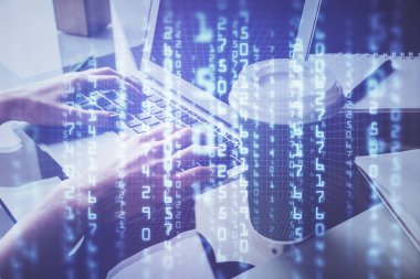 Bilgisayar ve veri temalı hologram çizimlerinde çalışan kadın elleri çift pozlama. Teknoloji kavramı.