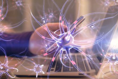 Bir adamın elini tutarken ve telefon ve nöron çizimlerini kullanırken çift pozlama. Eğitim kavramı.