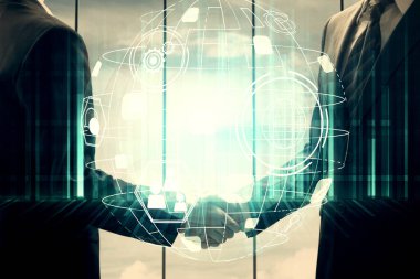 İki kişinin sosyal ağ temalı hologramı ve el sıkışması.