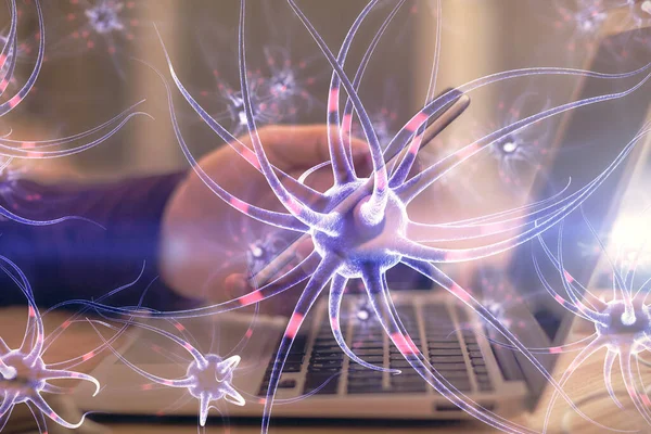 Bir adamın elini tutarken ve telefon ve nöron çizimlerini kullanırken çift pozlama. Eğitim kavramı.