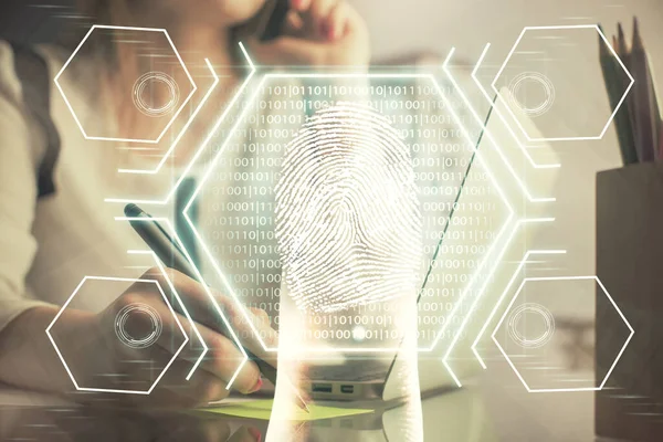 Double Exposure Woman Hands Typing Computer Fingerprint Drawing Security Concept — Stock Photo, Image