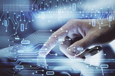 Dijital bir cihaz ve veri temalı çizim kullanan bir adamın el ele tutuşması. Yenilik kavramı.