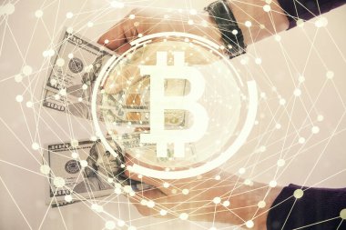 Hologram, Amerikan dolarları ve erkek eli gibi çok sayıda engelleme temasına maruz kalma. İş konsepti.