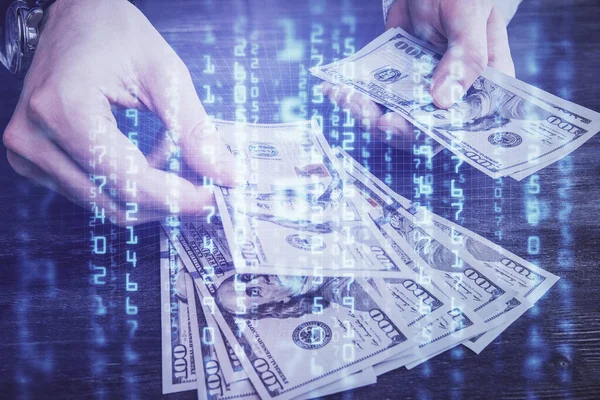 Multiexponering Teknik Som Ritar Hologram Och Oss Dollarsedlar Och Människohänder — Stockfoto