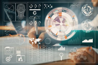 Veri temalı çizimin arka plan yazan insanların üzerine çifte pozlanması. Teknoloji kavramı