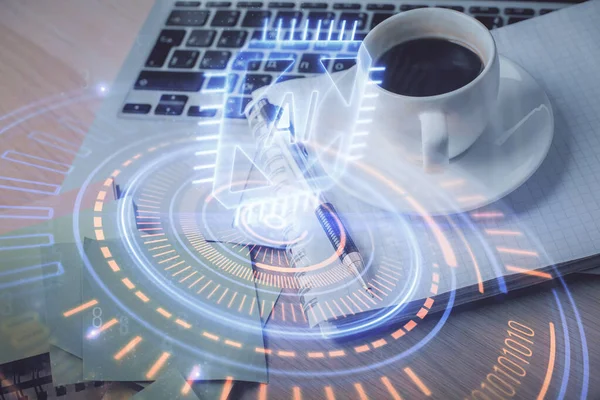 Multi Exposure Van Technologie Thema Tekening Desktop Met Koffie Items — Stockfoto