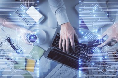 Kadın ve erkeğin birlikte çalışması ve teknoloji temalı çizimler. Bilgisayar arkaplanı. Üst Manzara. Yüksek teknoloji konsepti.