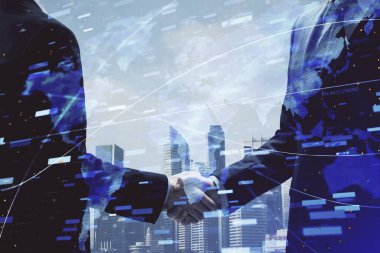 İki kişinin veri temalı hologramı ve el sıkışması. Bilişim endüstrisi konseptinde ortaklık.