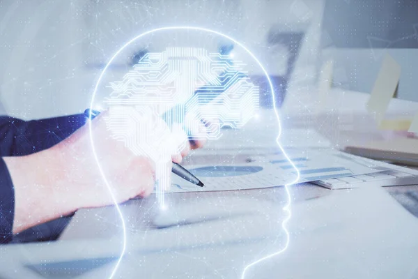 Подвійна Експозиція Руки Людини Тримає Використовує Цифровий Пристрій Малюнок Голограми — стокове фото