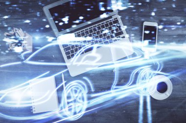 Otomatik pilot hologram masaüstü arka planında bilgisayardan çizim yapıyor. Üst Manzara. Çifte maruziyet. Teknoloji kavramı.