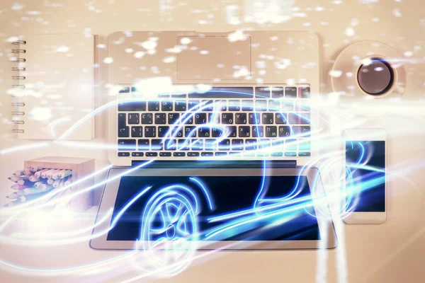 Autopilot Hologramm Zeichnung Über Computer Auf Dem Desktop Hintergrund Ansicht — Stockfoto