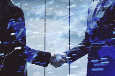 İki kişinin veri temalı hologramı ve el sıkışması. Bilişim endüstrisi konseptinde ortaklık.