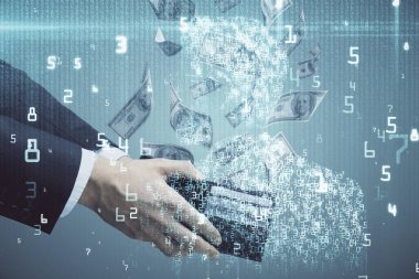 Teknolojiye çoklu maruz kalma hologram, dolar banknotları ve insan eli. Veri kavramı