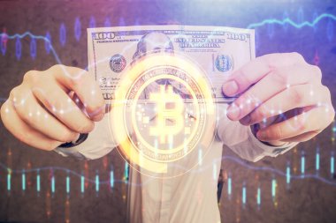 Hologram, Amerikan dolarları ve erkek eli gibi çok sayıda engelleme temasına maruz kalma. İş konsepti.