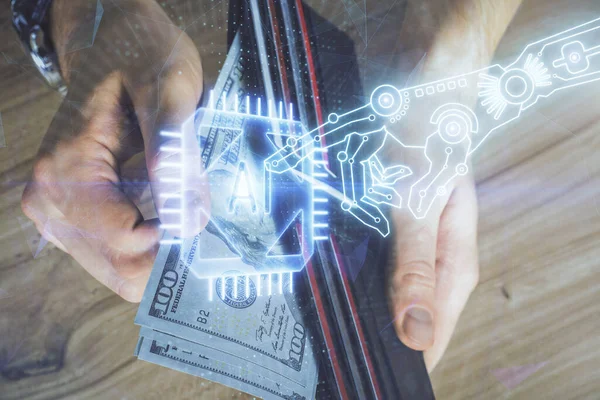 Подвійна Експозиція Технології Малювання Голограми Доларів Сша Рахунків Рук Людини — стокове фото