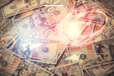 İki kez veri temasına maruz kalınca dolar banknotları arka planda kalıyor. Teknoloji konsepti.