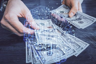 Beynin holograma maruz kalması, bize dolar banknotları ve insan eli çizmesi. Ai yatırım konsepti