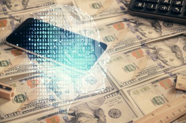 Beynimizin dolar banknotlarının arka planına iki kez çekilmesi. Teknoloji konsepti.