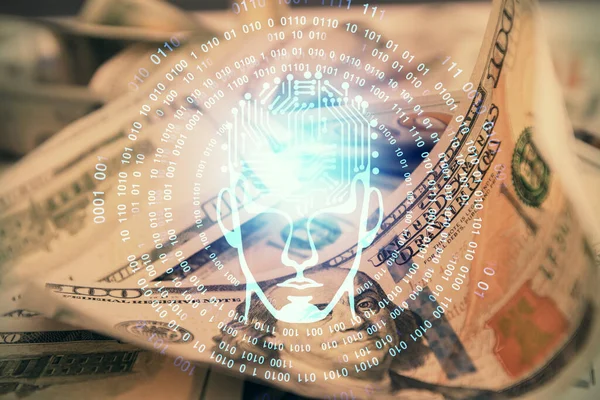 Die Doppelte Belichtung Des Gehirns Über Uns Dollarnoten Hintergrund Technologiekonzept — Stockfoto