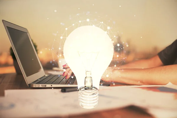 Double Exposure Woman Hands Typing Computer Light Bulb Drawing Idea — Stock Photo, Image