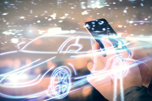 人間の手を保持し デジタルデバイスや自動車のテーマのホログラム図面を使用しての二重露出 技術コンセプト — ストック写真