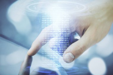 Dijital bir cihaz ve veri temalı çizim kullanan bir adamın el ele tutuşması. Yenilik kavramı.