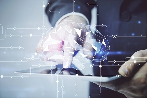 Двойное Воздействие Рукопожатия Человека Использование Цифрового Устройства Рисунка Голограммы Мозга — стоковое фото