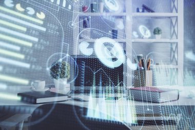 Veri teması çizimi ve ofis içi arka planına çifte maruz kalma. Teknoloji kavramı.